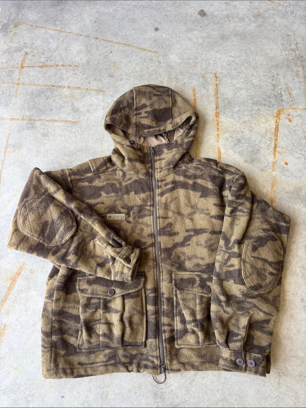 Vintage Men’s Columbia Gallatin Wool Blend Camo Hood Jacket XL Hunting Gorpcore